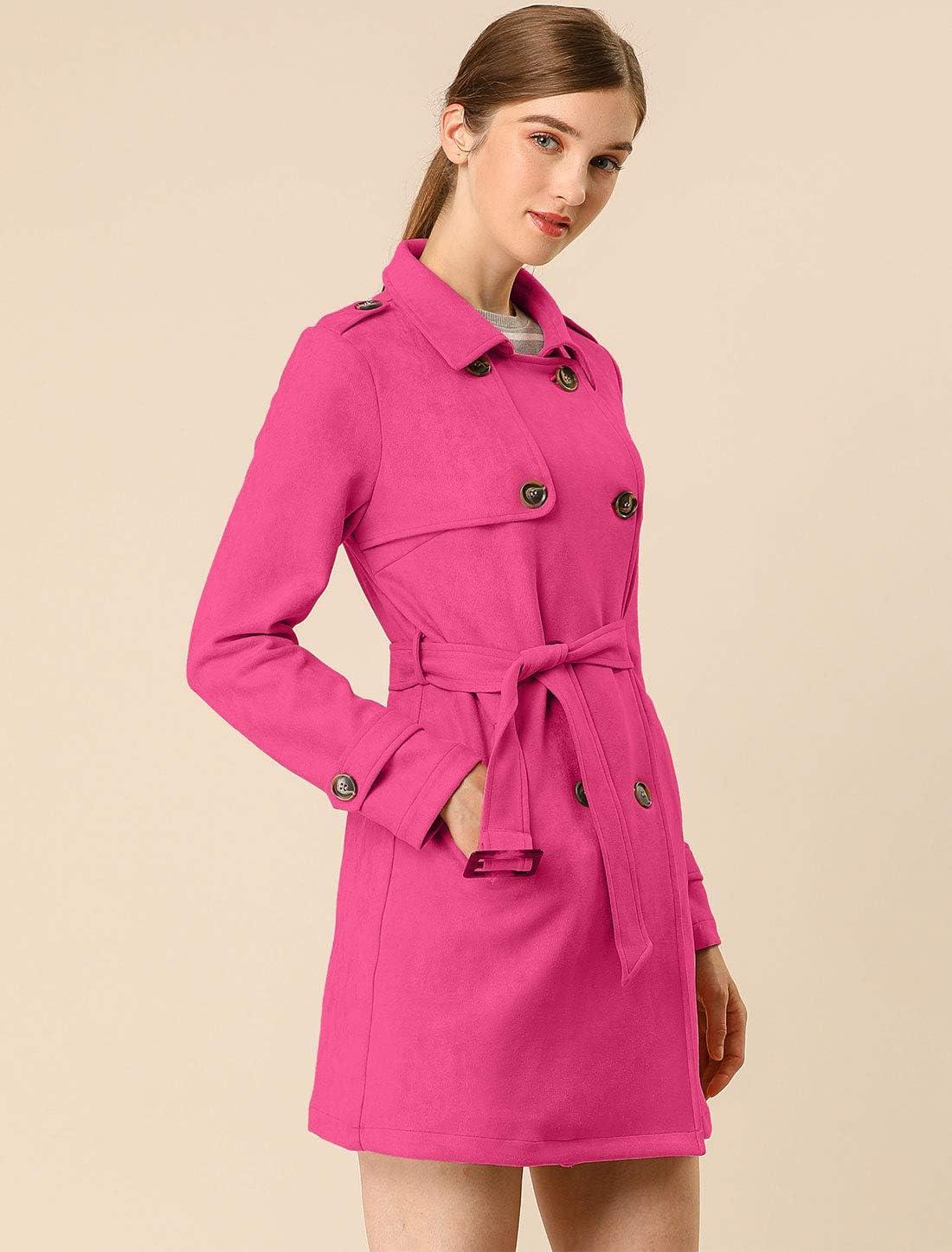 imageAllegra K Womens Faux Suede Trench Coat Notched Lapel Double Breasted Jacket with BeltHot Pink