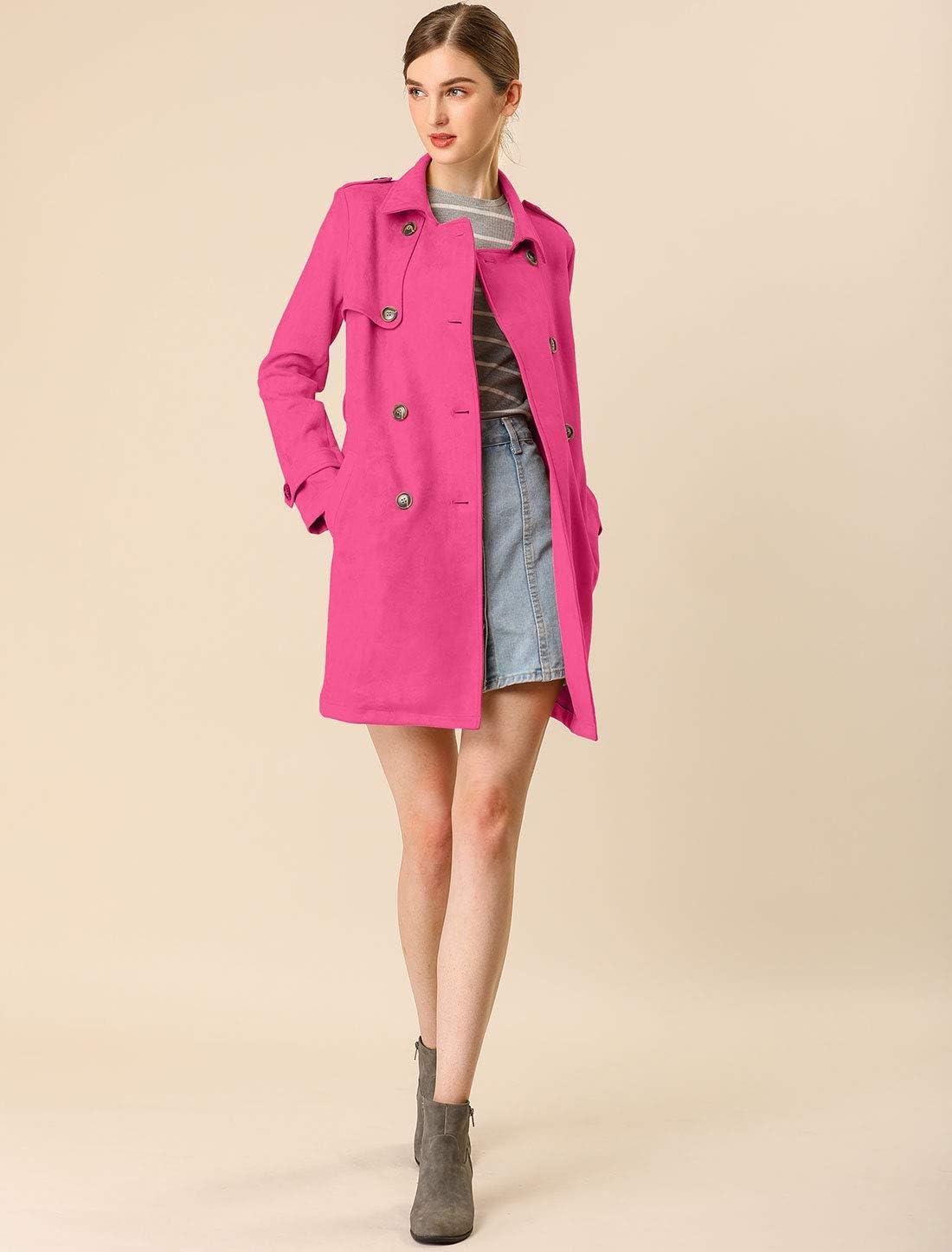imageAllegra K Womens Faux Suede Trench Coat Notched Lapel Double Breasted Jacket with BeltHot Pink