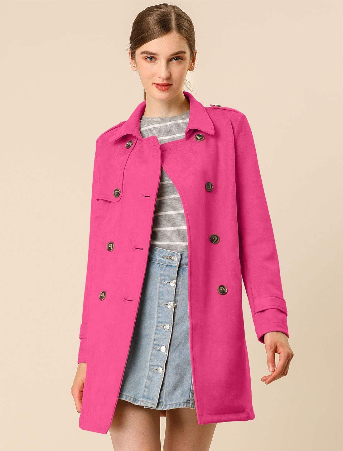imageAllegra K Womens Faux Suede Trench Coat Notched Lapel Double Breasted Jacket with BeltHot Pink