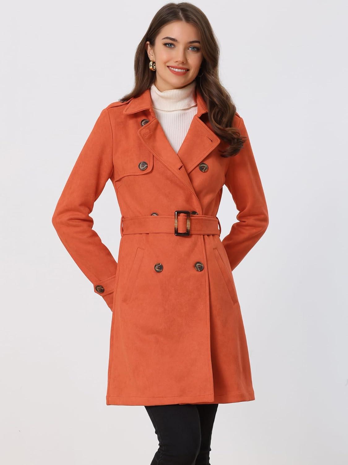 imageAllegra K Womens Faux Suede Trench Coat Notched Lapel Double Breasted Jacket with BeltOrange