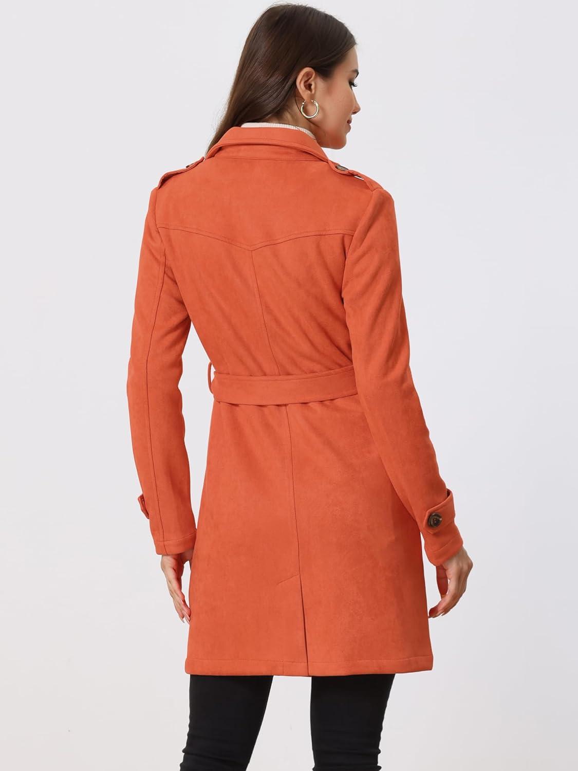 imageAllegra K Womens Faux Suede Trench Coat Notched Lapel Double Breasted Jacket with BeltOrange