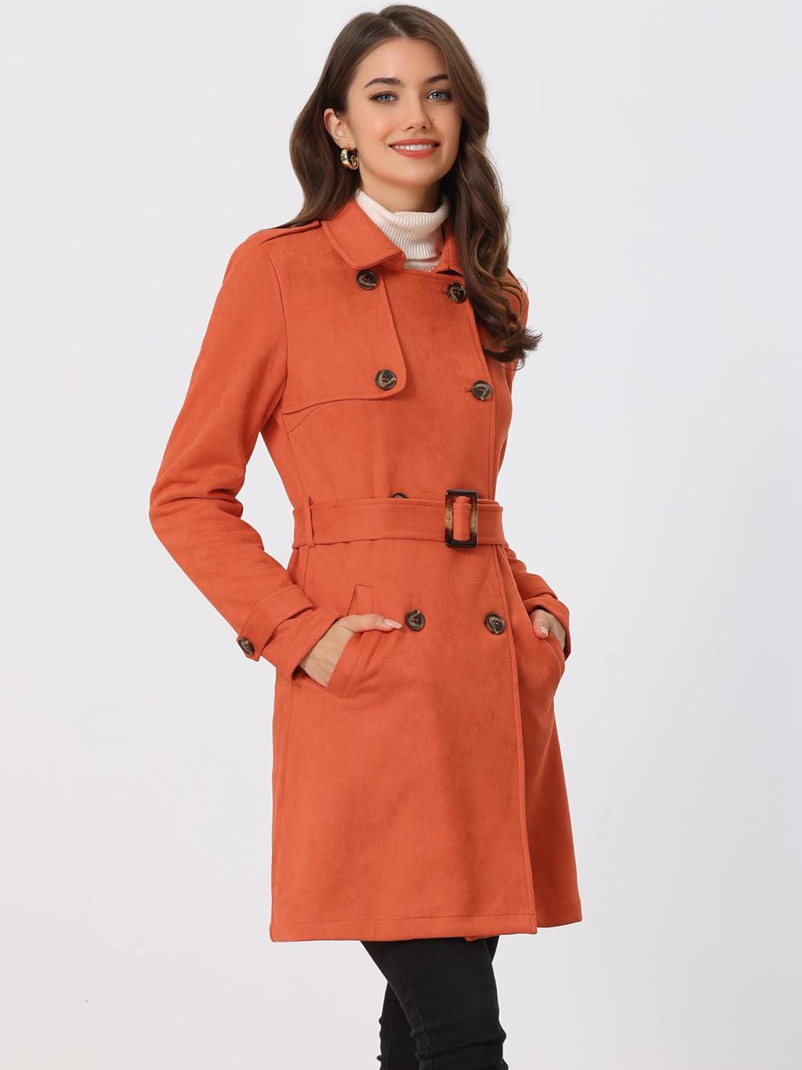 imageAllegra K Womens Faux Suede Trench Coat Notched Lapel Double Breasted Jacket with BeltOrange