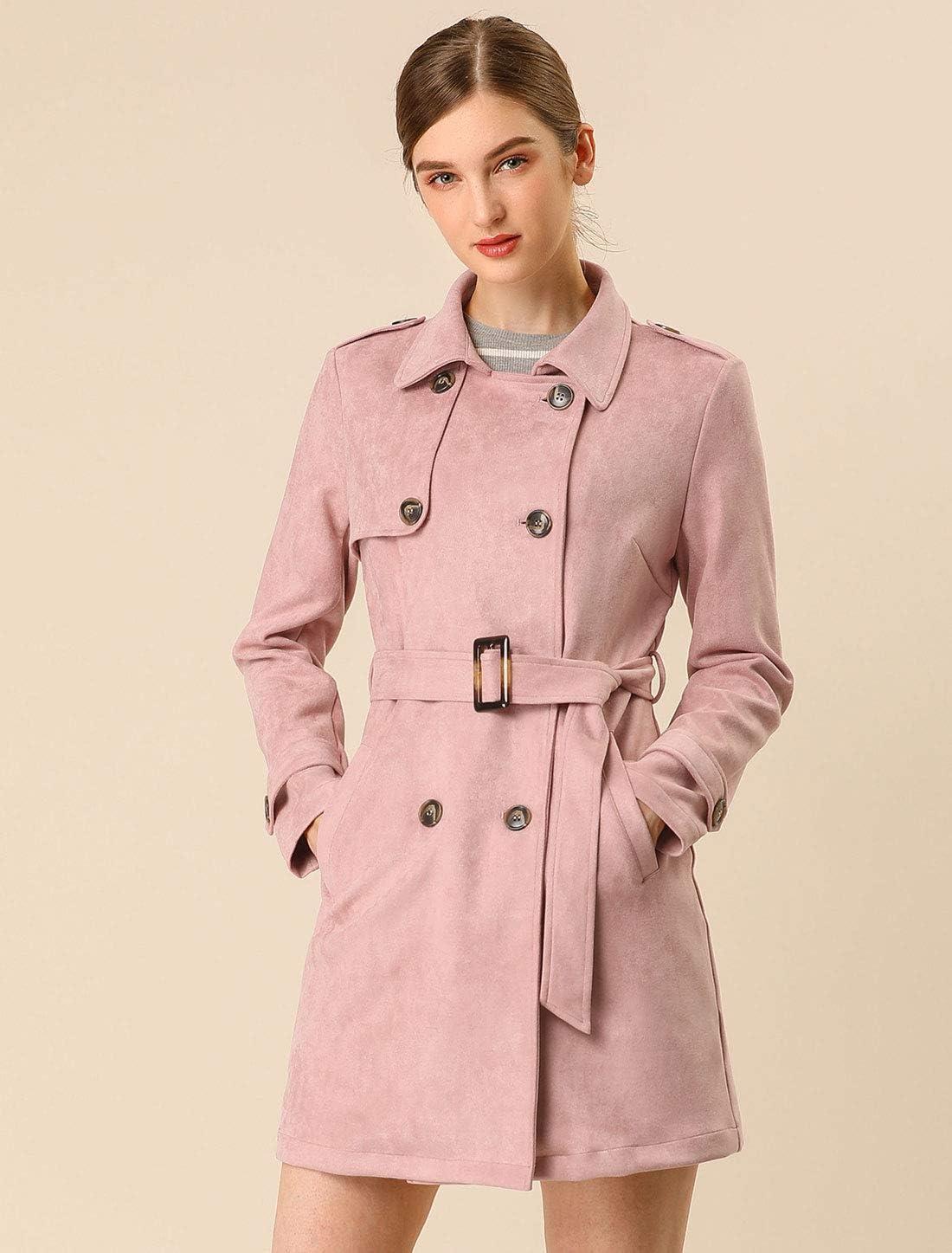 imageAllegra K Womens Faux Suede Trench Coat Notched Lapel Double Breasted Jacket with BeltPink