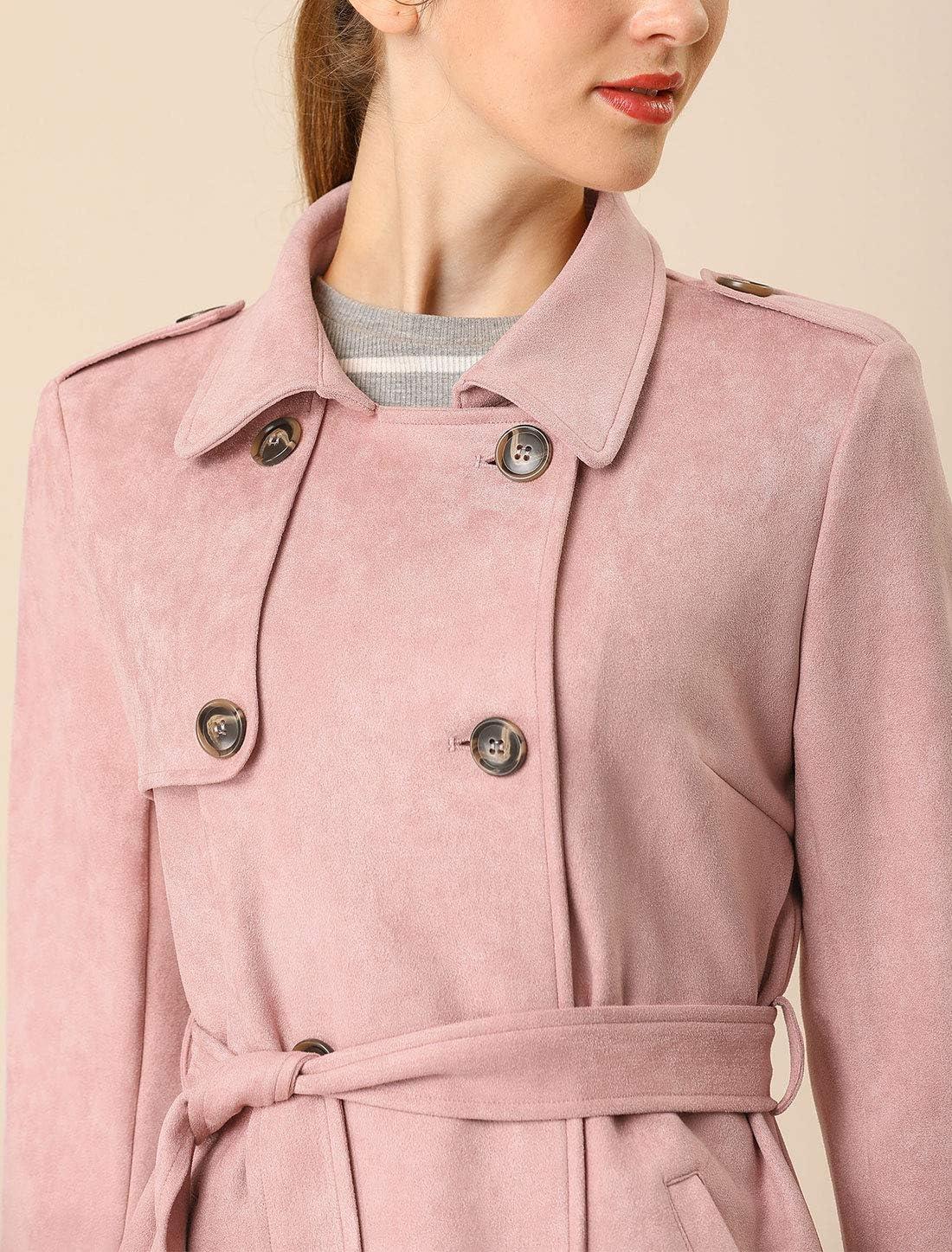 imageAllegra K Womens Faux Suede Trench Coat Notched Lapel Double Breasted Jacket with BeltPink