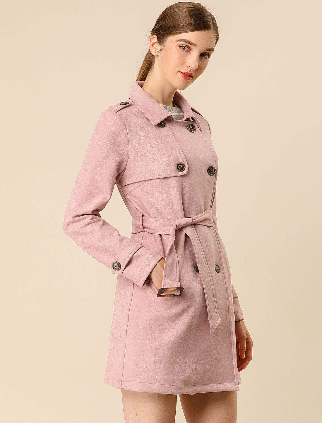 imageAllegra K Womens Faux Suede Trench Coat Notched Lapel Double Breasted Jacket with BeltPink