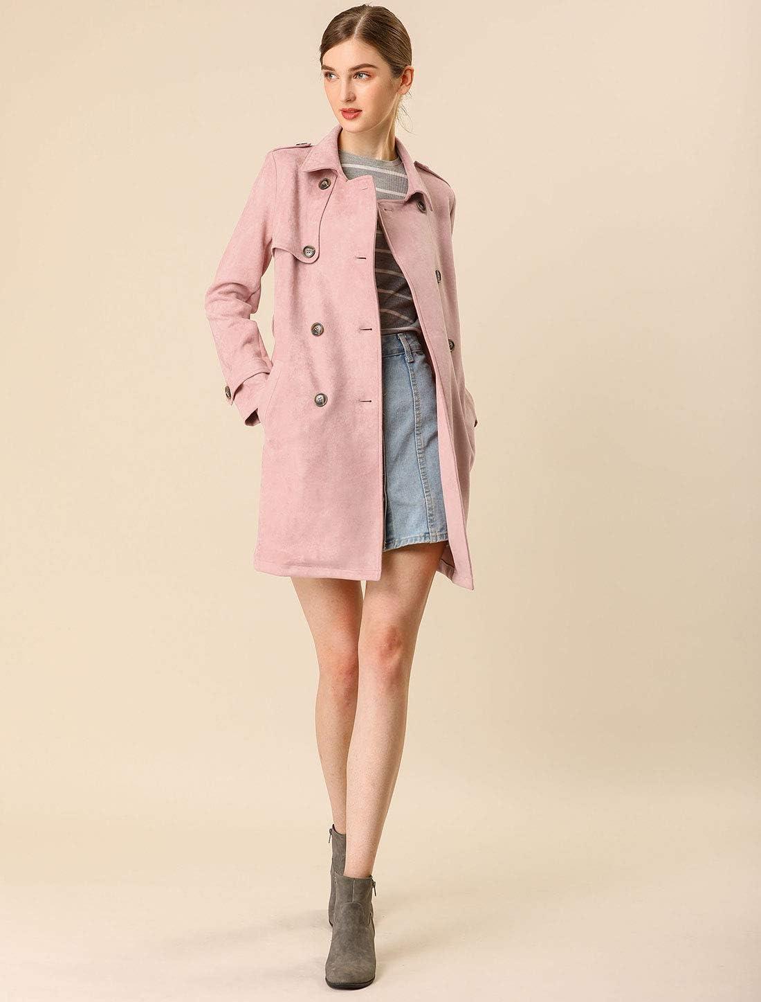 imageAllegra K Womens Faux Suede Trench Coat Notched Lapel Double Breasted Jacket with BeltPink