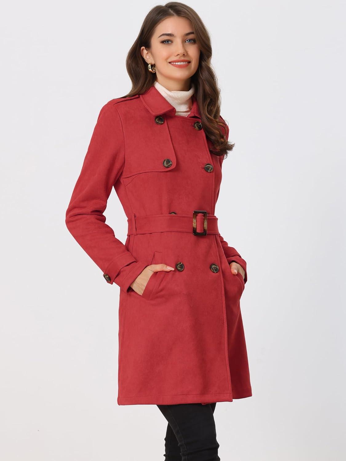 imageAllegra K Womens Faux Suede Trench Coat Notched Lapel Double Breasted Jacket with BeltRed