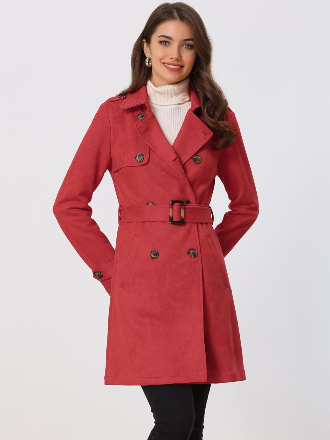 imageAllegra K Womens Faux Suede Trench Coat Notched Lapel Double Breasted Jacket with BeltRed