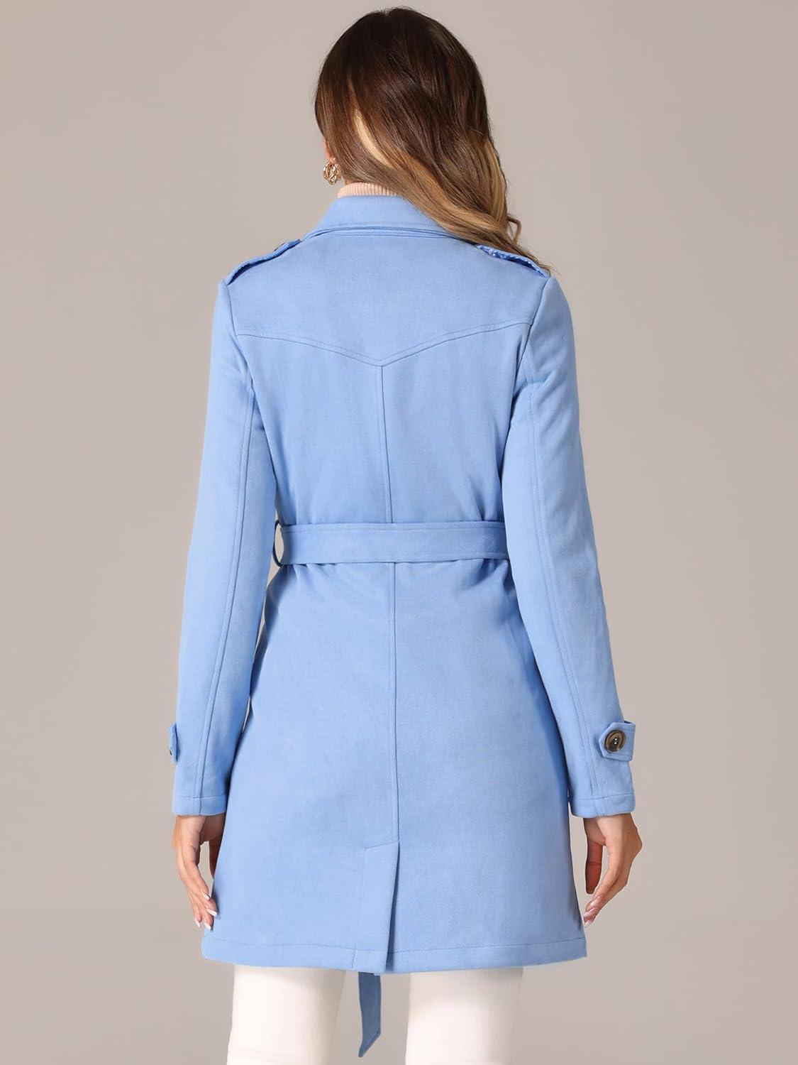 imageAllegra K Womens Faux Suede Trench Coat Notched Lapel Double Breasted Jacket with BeltSky Blue