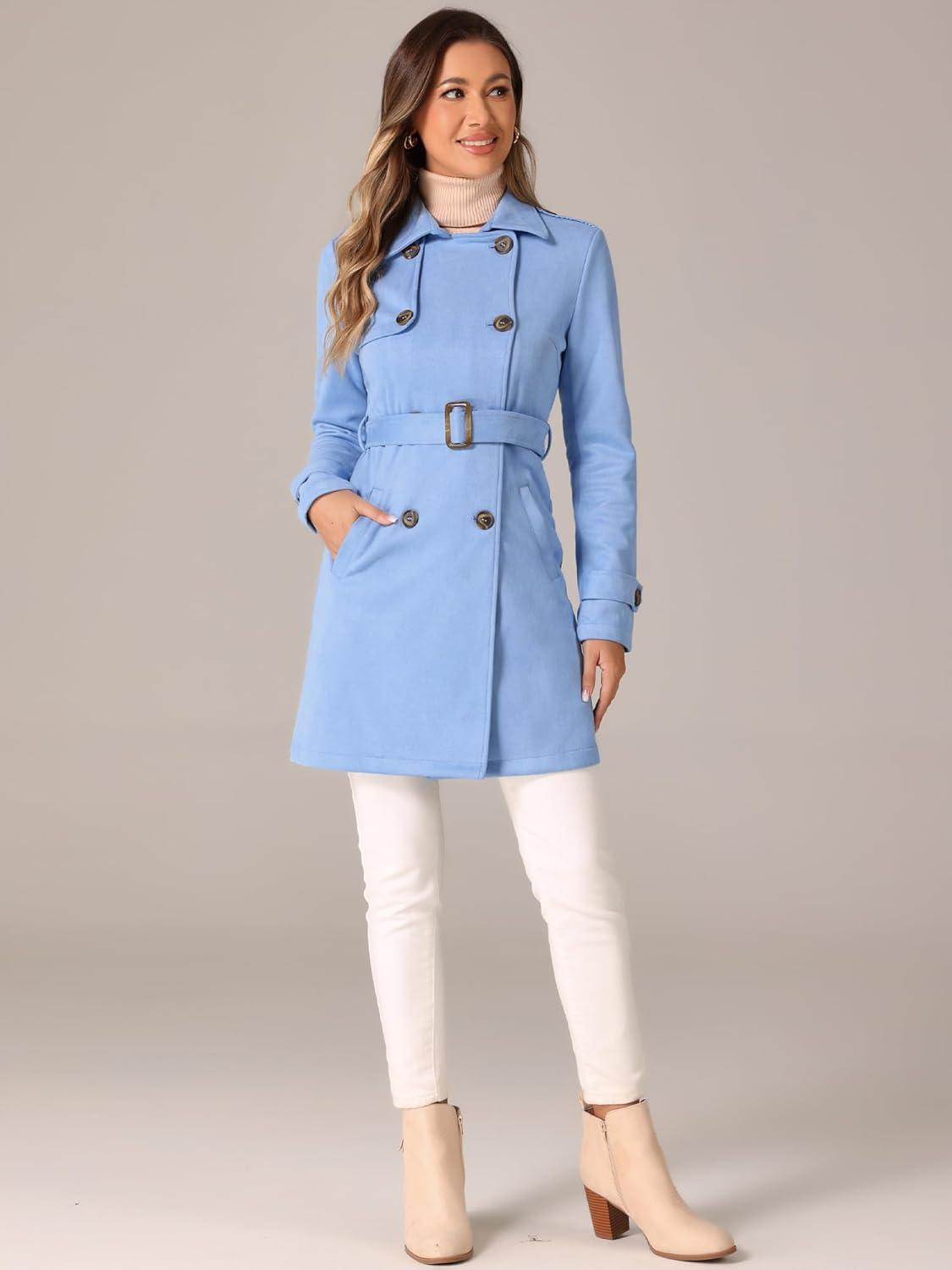 imageAllegra K Womens Faux Suede Trench Coat Notched Lapel Double Breasted Jacket with BeltSky Blue