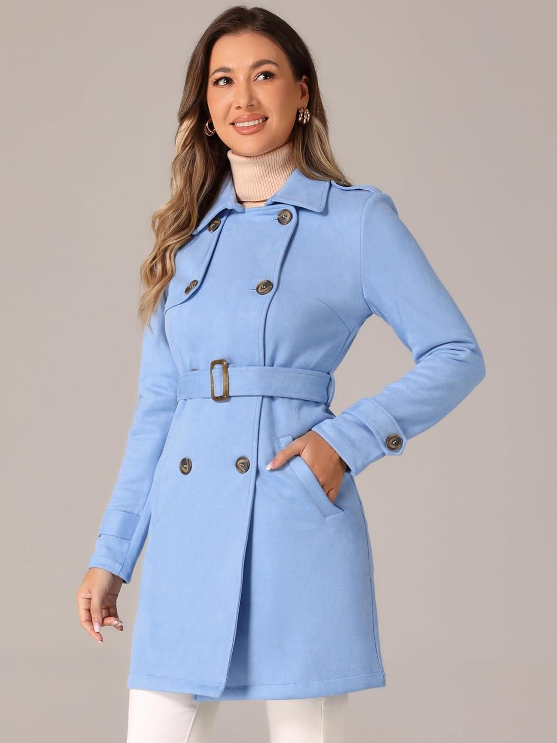 imageAllegra K Womens Faux Suede Trench Coat Notched Lapel Double Breasted Jacket with BeltSky Blue
