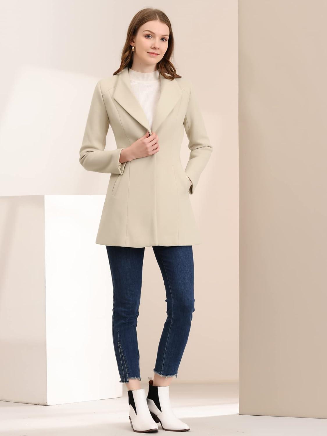 imageAllegra K Womens Lapel Collar Buttoned Outwear Elegant Work Notch Trench Winter CoatsBeige