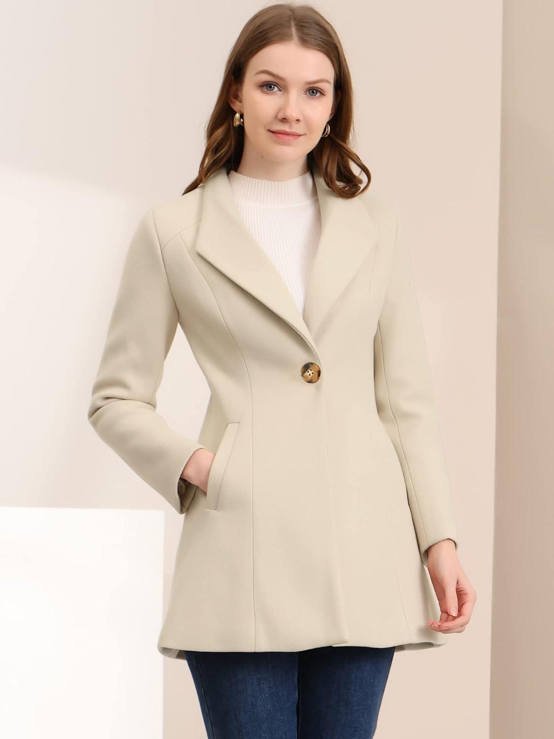 imageAllegra K Womens Lapel Collar Buttoned Outwear Elegant Work Notch Trench Winter CoatsBeige