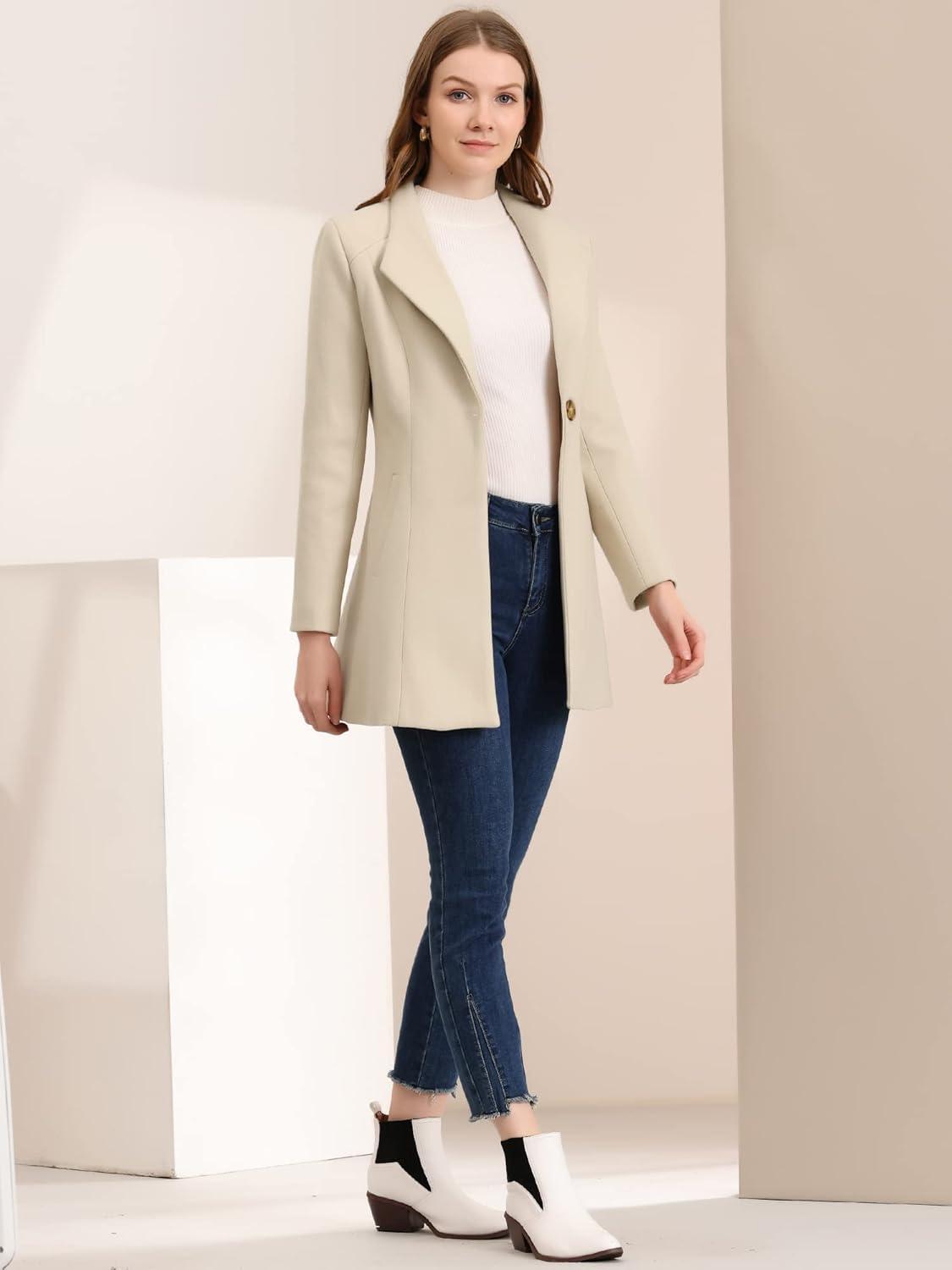 imageAllegra K Womens Lapel Collar Buttoned Outwear Elegant Work Notch Trench Winter CoatsBeige