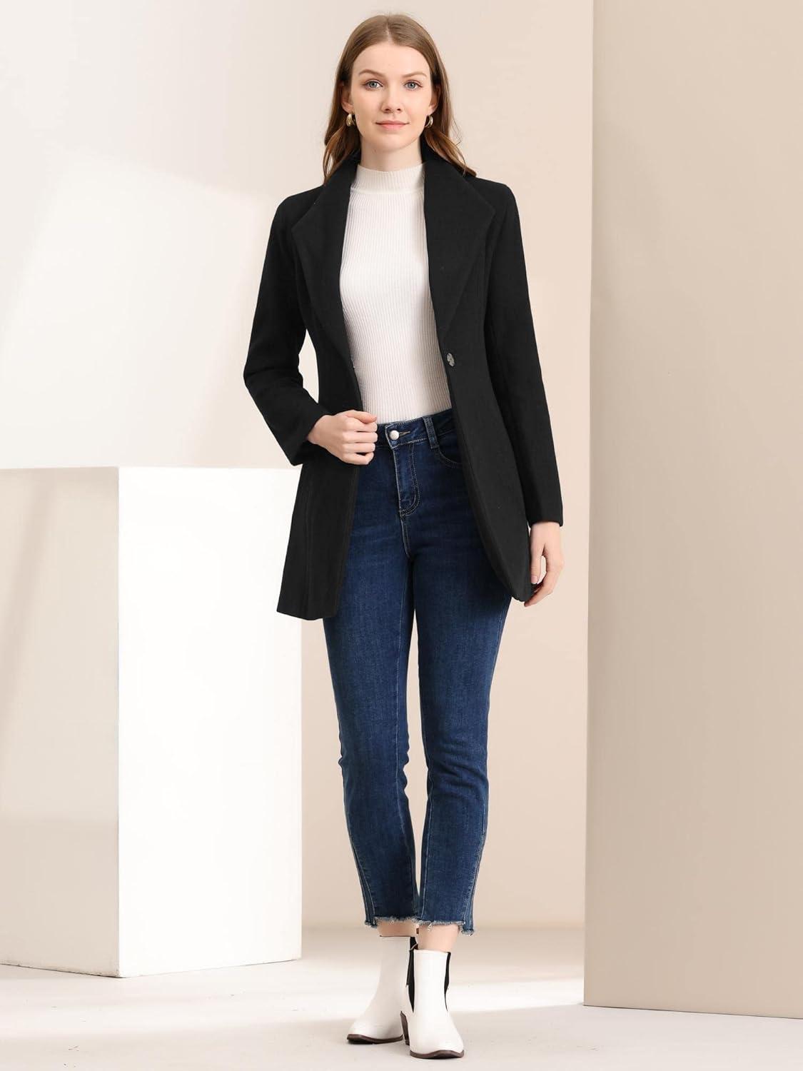 imageAllegra K Womens Lapel Collar Buttoned Outwear Elegant Work Notch Trench Winter CoatsBlack