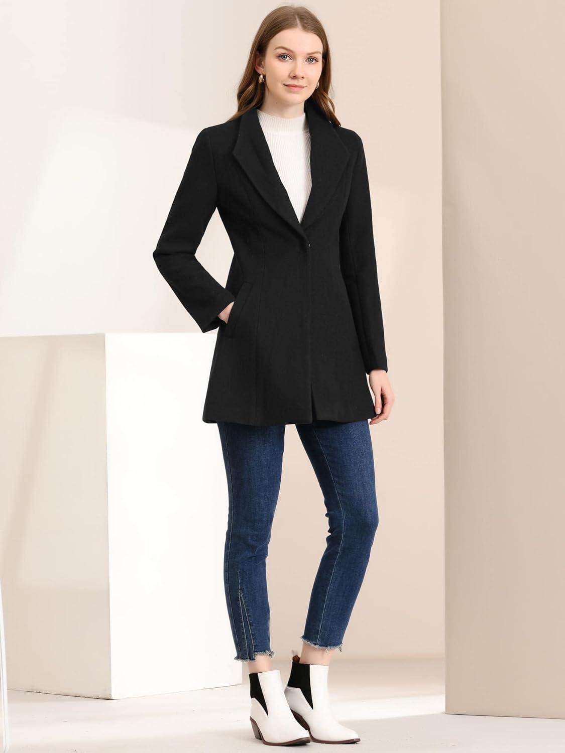 imageAllegra K Womens Lapel Collar Buttoned Outwear Elegant Work Notch Trench Winter CoatsBlack