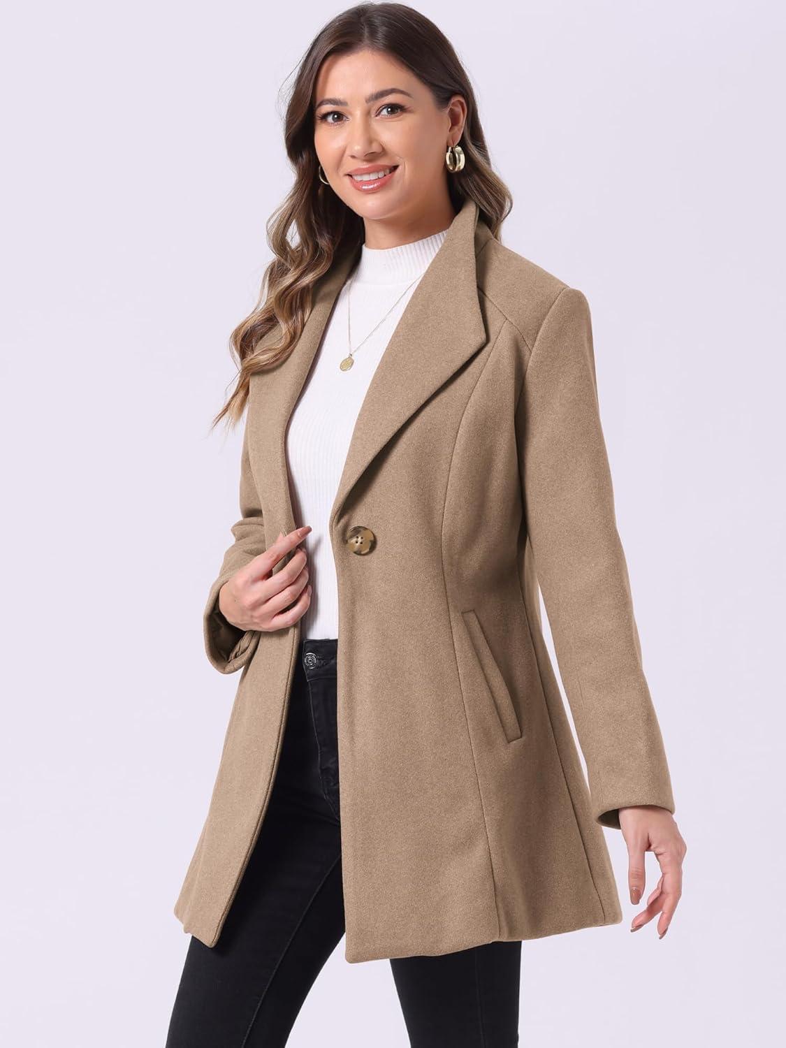 imageAllegra K Womens Lapel Collar Buttoned Outwear Elegant Work Notch Trench Winter CoatsDark Beige