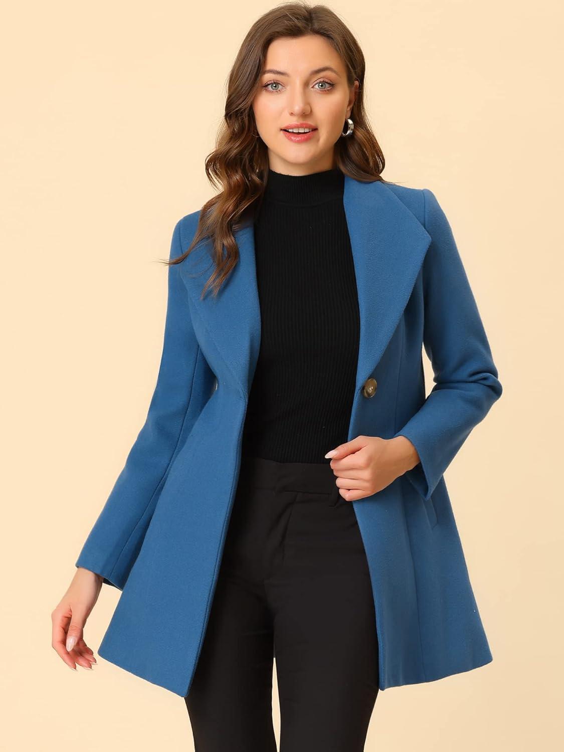 imageAllegra K Womens Lapel Collar Buttoned Outwear Elegant Work Notch Trench Winter CoatsGrey Blue