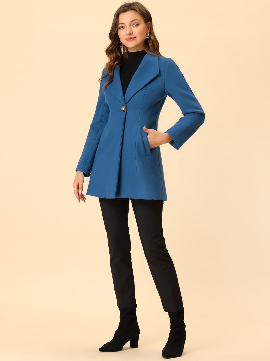imageAllegra K Womens Lapel Collar Buttoned Outwear Elegant Work Notch Trench Winter CoatsGrey Blue