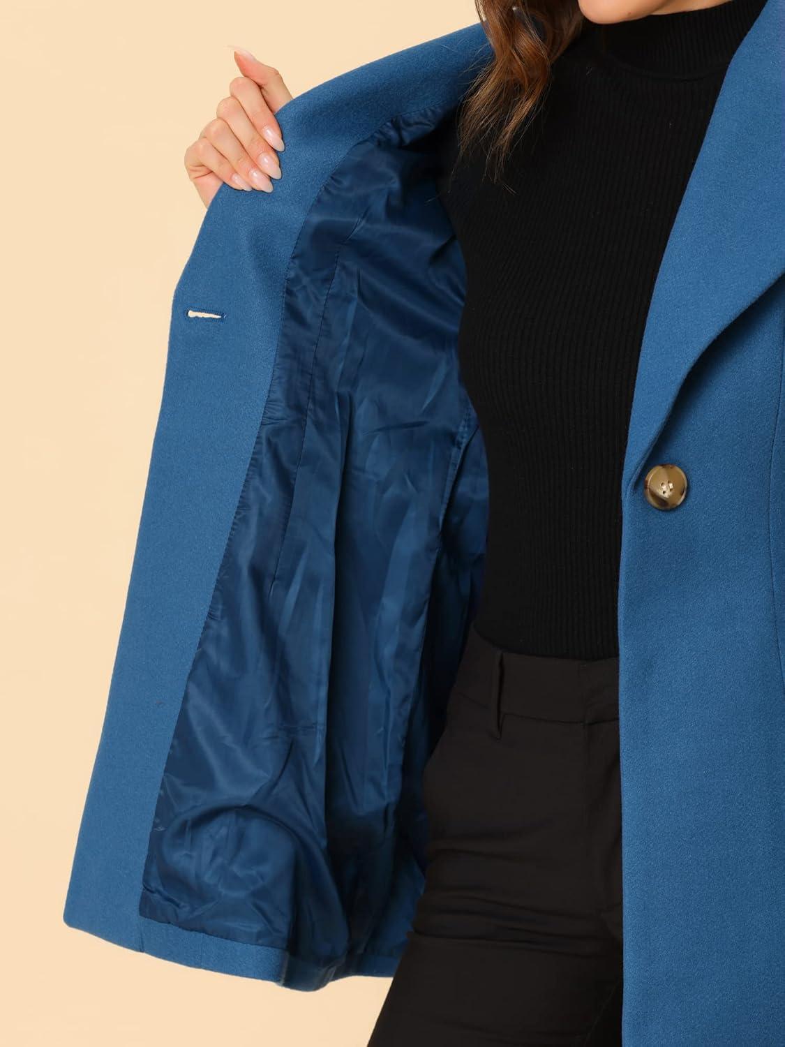 imageAllegra K Womens Lapel Collar Buttoned Outwear Elegant Work Notch Trench Winter CoatsGrey Blue