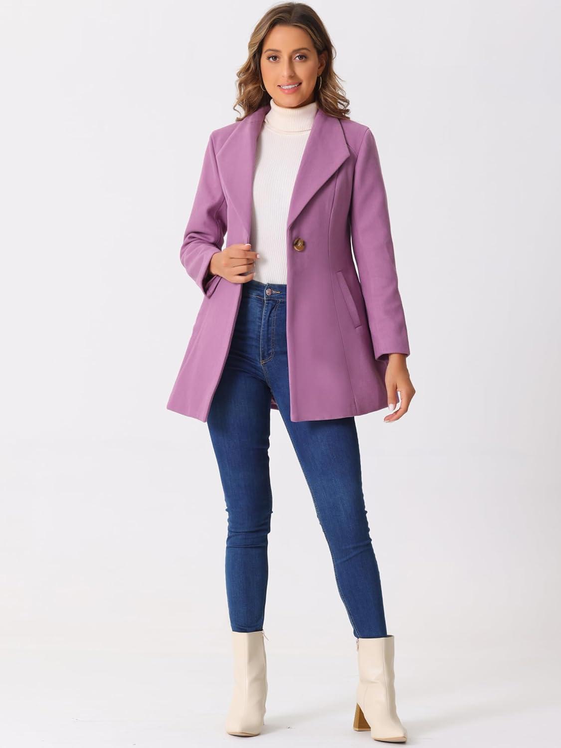 imageAllegra K Womens Lapel Collar Buttoned Outwear Elegant Work Notch Trench Winter CoatsGrey Purple