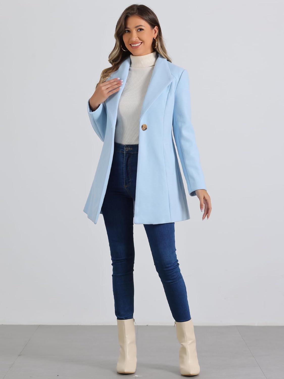 imageAllegra K Womens Lapel Collar Buttoned Outwear Elegant Work Notch Trench Winter CoatsLight Blue