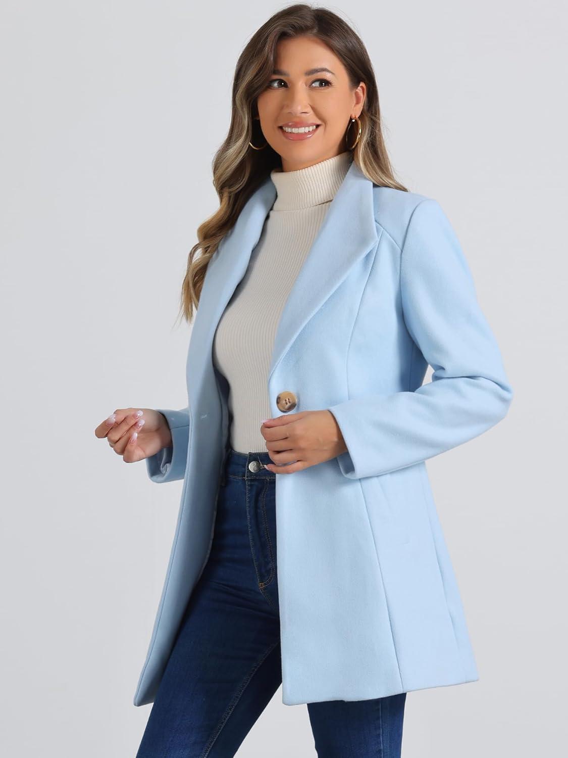 imageAllegra K Womens Lapel Collar Buttoned Outwear Elegant Work Notch Trench Winter CoatsLight Blue