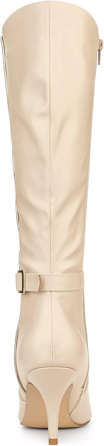 imageAllegra K Womens Pointy Toe Buckle Stiletto Heel Knee High BootsBeige