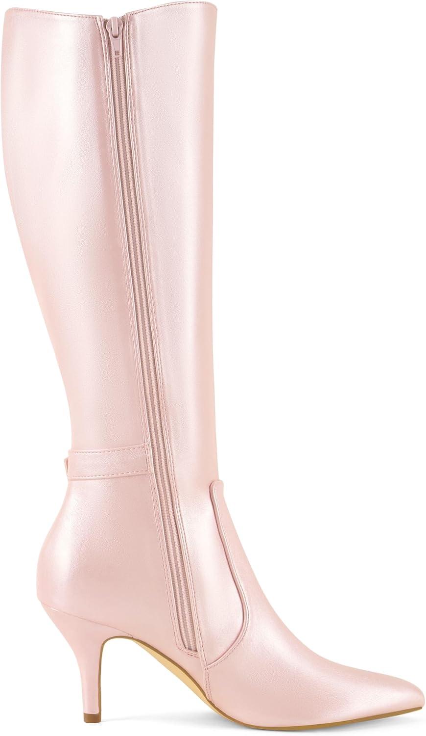 imageAllegra K Womens Pointy Toe Buckle Stiletto Heel Knee High BootsBling Pink