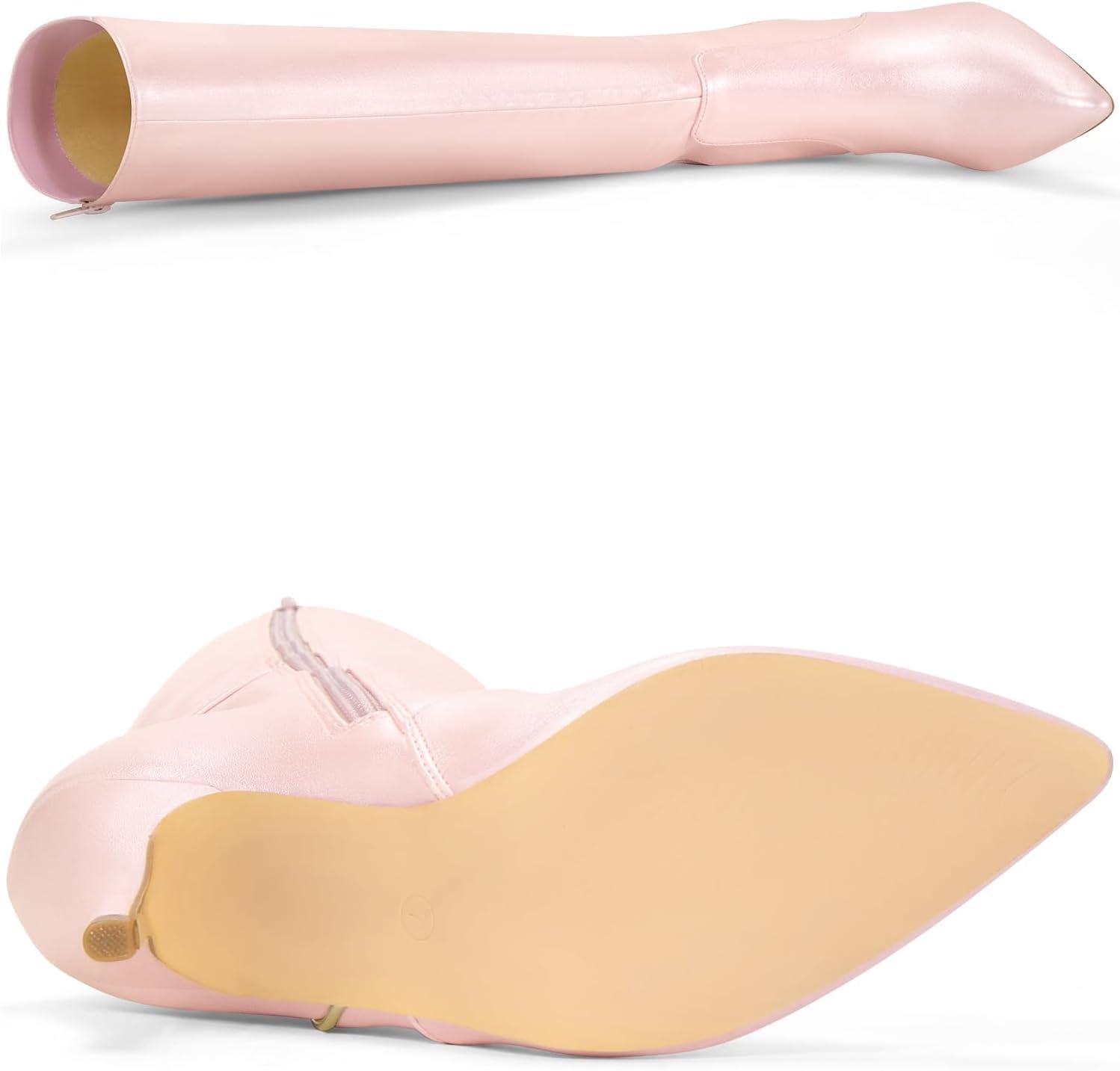 imageAllegra K Womens Pointy Toe Buckle Stiletto Heel Knee High BootsBling Pink