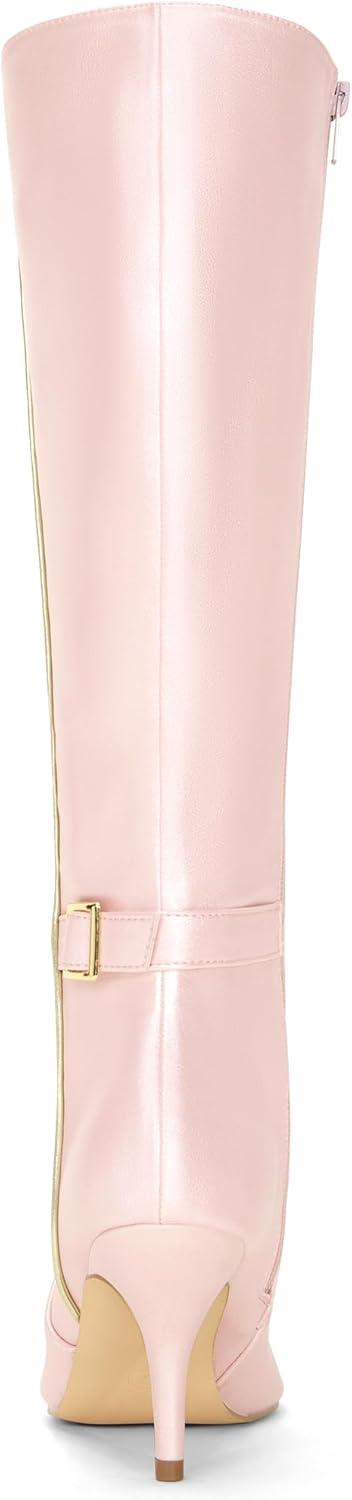 imageAllegra K Womens Pointy Toe Buckle Stiletto Heel Knee High BootsBling Pink