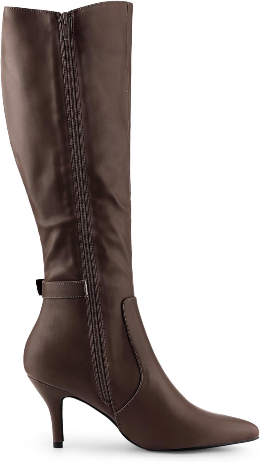 imageAllegra K Womens Pointy Toe Buckle Stiletto Heel Knee High BootsCoffee