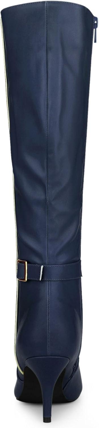 imageAllegra K Womens Pointy Toe Buckle Stiletto Heel Knee High BootsNavy Blue
