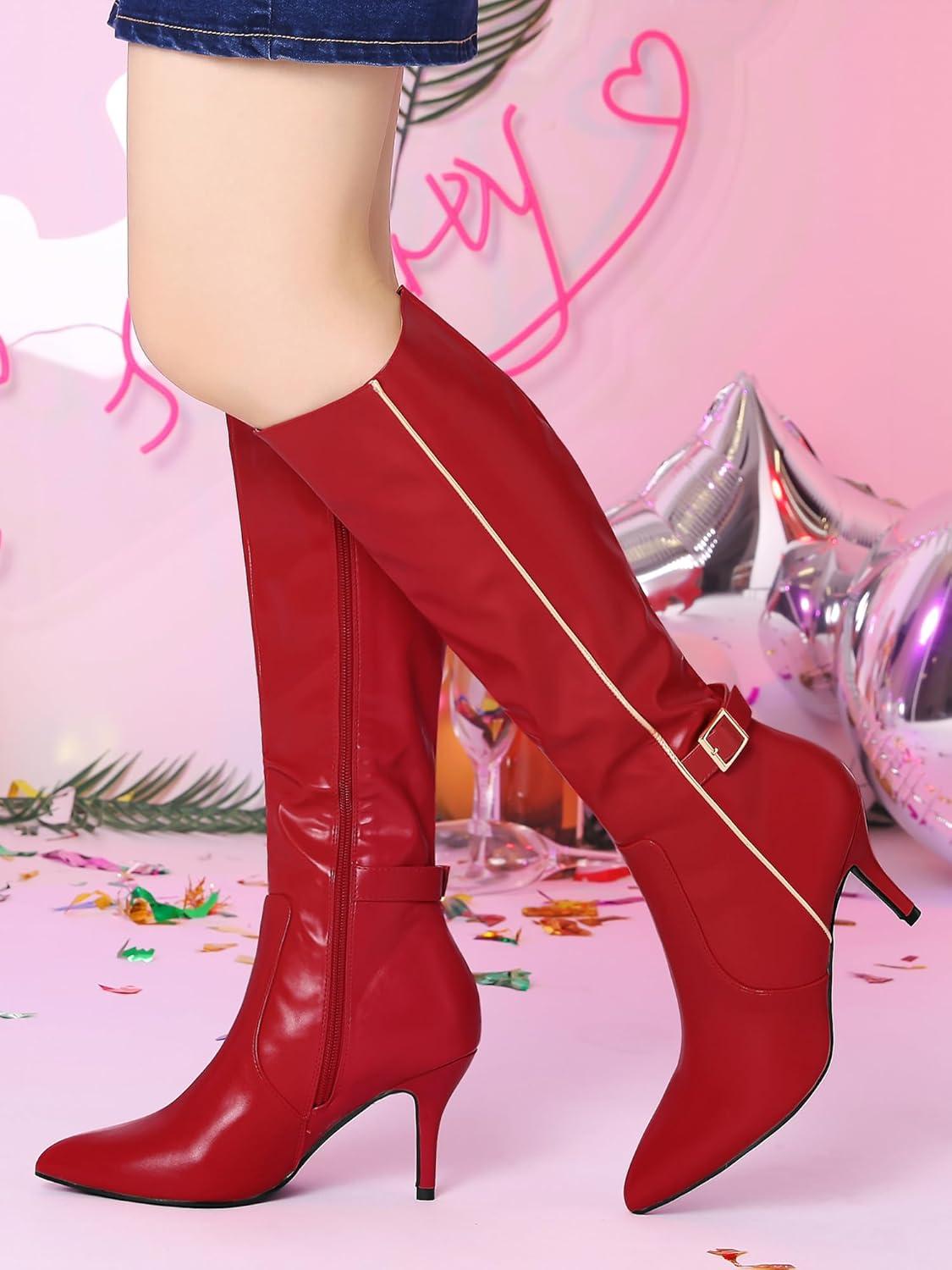 imageAllegra K Womens Pointy Toe Buckle Stiletto Heel Knee High BootsRed
