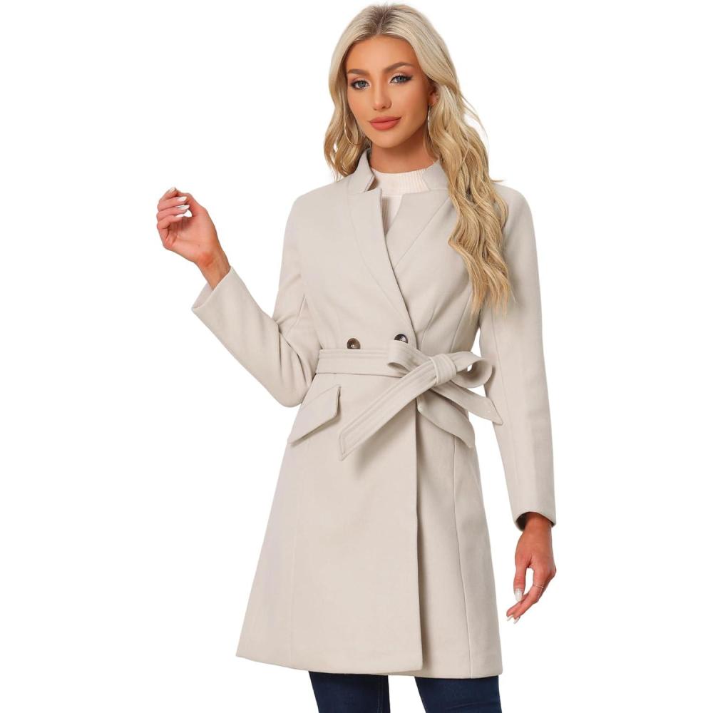 imageAllegra K Winter Belted Coat for Womens Stand Collar Buttoned Outwear MidLong Work OvercoatBeige