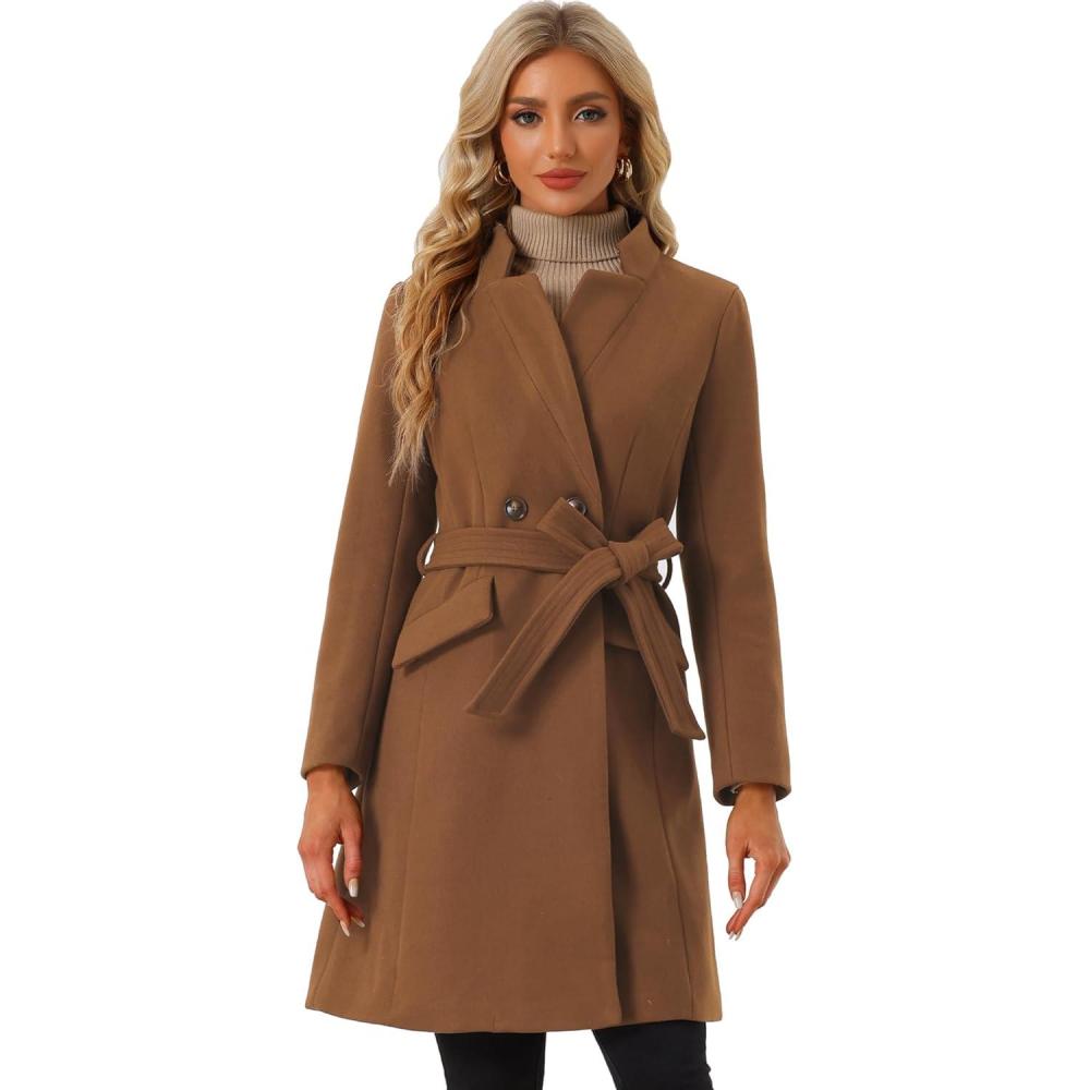 imageAllegra K Winter Belted Coat for Womens Stand Collar Buttoned Outwear MidLong Work OvercoatBrown