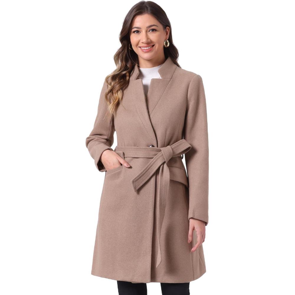 imageAllegra K Winter Belted Coat for Womens Stand Collar Buttoned Outwear MidLong Work OvercoatDark Beige