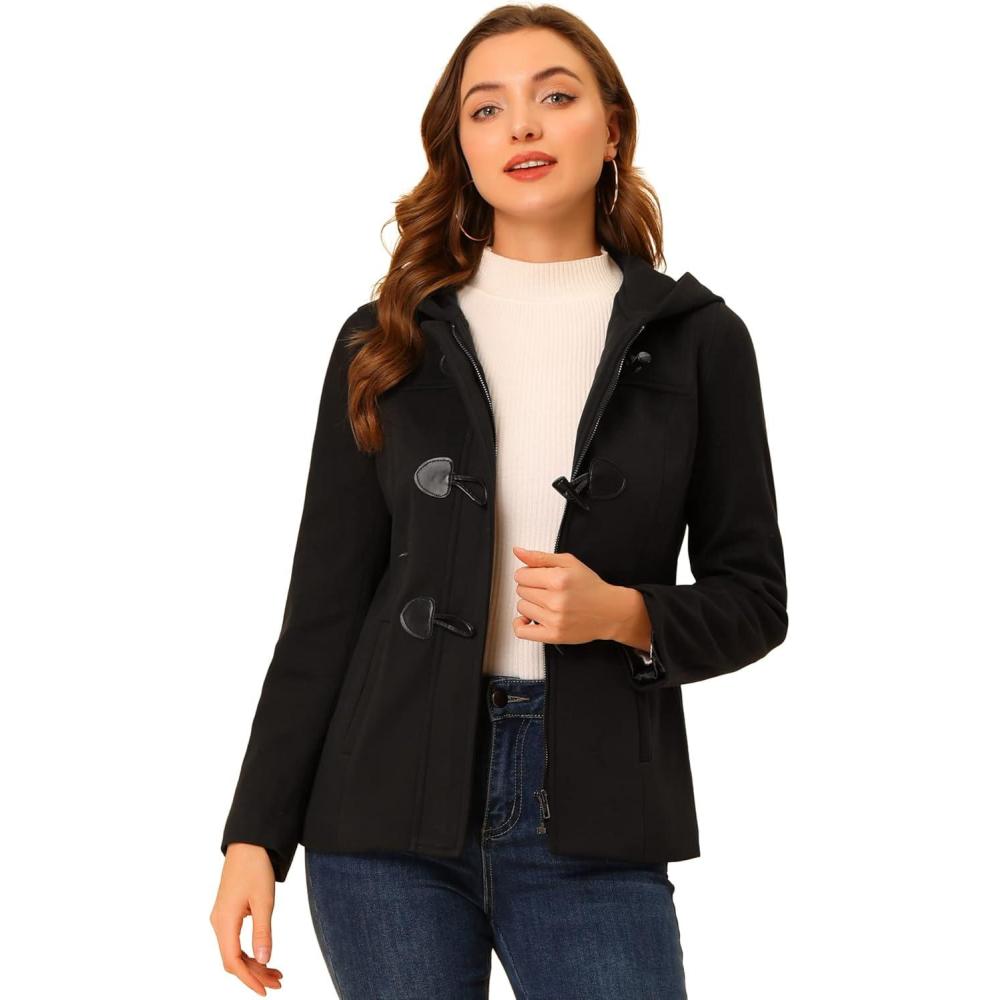 imageAllegra K Womens Casual Winter Outwear Hooded Button Peacoat Toggle Duffle CoatBlack