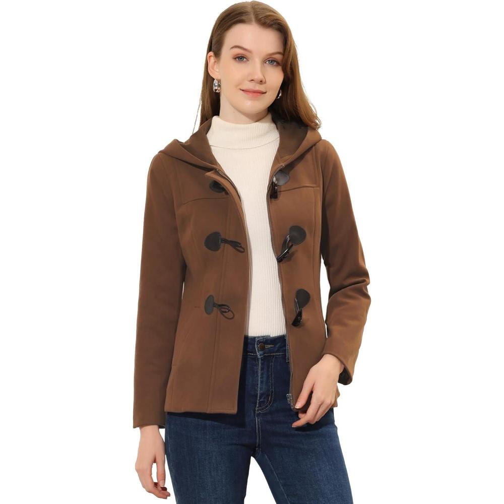 imageAllegra K Womens Casual Winter Outwear Hooded Button Peacoat Toggle Duffle CoatDark Brown