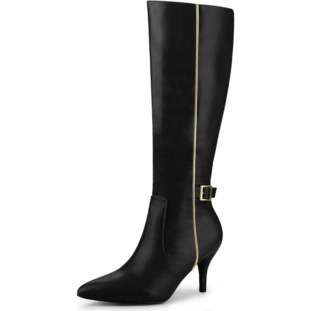 imageAllegra K Womens Pointy Toe Buckle Stiletto Heel Knee High BootsBlack