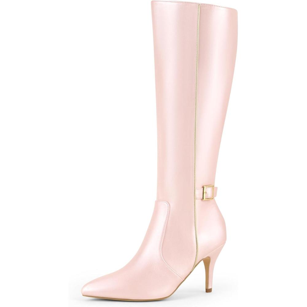 imageAllegra K Womens Pointy Toe Buckle Stiletto Heel Knee High BootsBling Pink