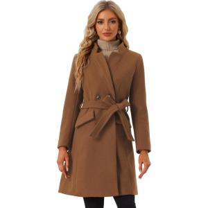 imageAllegra K Winter Belted Coat for Womens Stand Collar Buttoned Outwear MidLong Work OvercoatBrown