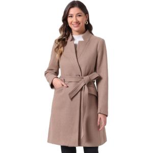 imageAllegra K Winter Belted Coat for Womens Stand Collar Buttoned Outwear MidLong Work OvercoatDark Beige