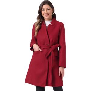 imageAllegra K Winter Belted Coat for Womens Stand Collar Buttoned Outwear MidLong Work OvercoatDark Red