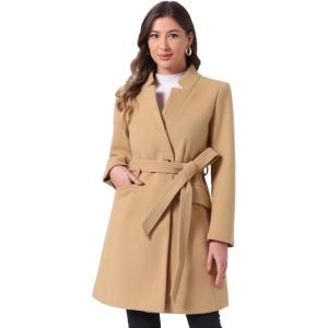 imageAllegra K Winter Belted Coat for Womens Stand Collar Buttoned Outwear MidLong Work OvercoatKhaki