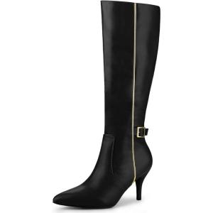 imageAllegra K Womens Pointy Toe Buckle Stiletto Heel Knee High BootsBlack