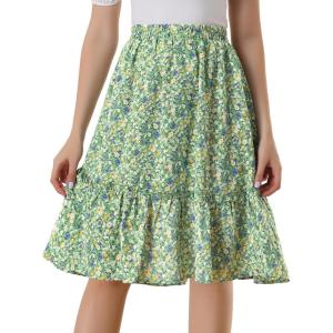 imageAllegra K Womens Knee Length Skirt Floral Elastic Waist Flowy Tiered ALine Ruffle SkirtGreen