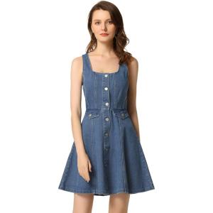 imageAllegra K Womens Casual Denim Dress Sleeveless Square Neck Button Down Flared Jean Short Dresses