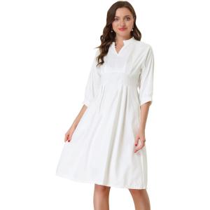 imageAllegra K Womens Casual V Neck Stand Collar Puff Elbow Sleeve Flare Midi Dress with Pockets