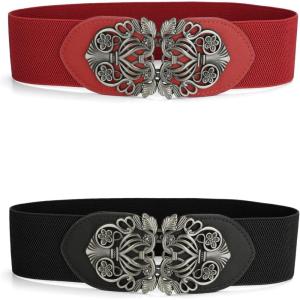 imageAllegra K Elastic Wide Waist Belts for Women Metal Buckle Stretchy BeltsBlack  Red